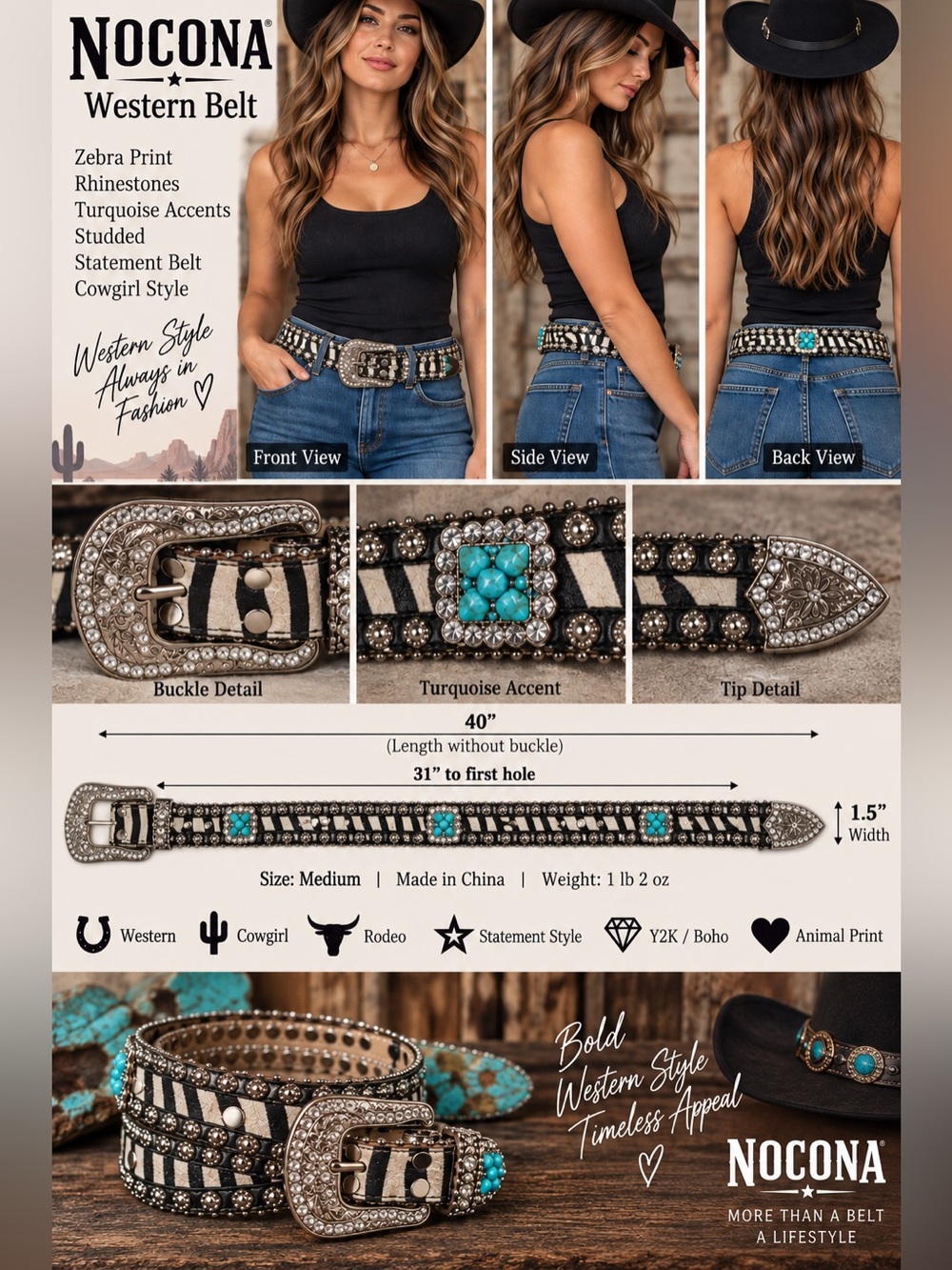 Nocona Western Zebra Belt Women’s M Turquoise Rhinestone Studded Cowgirl